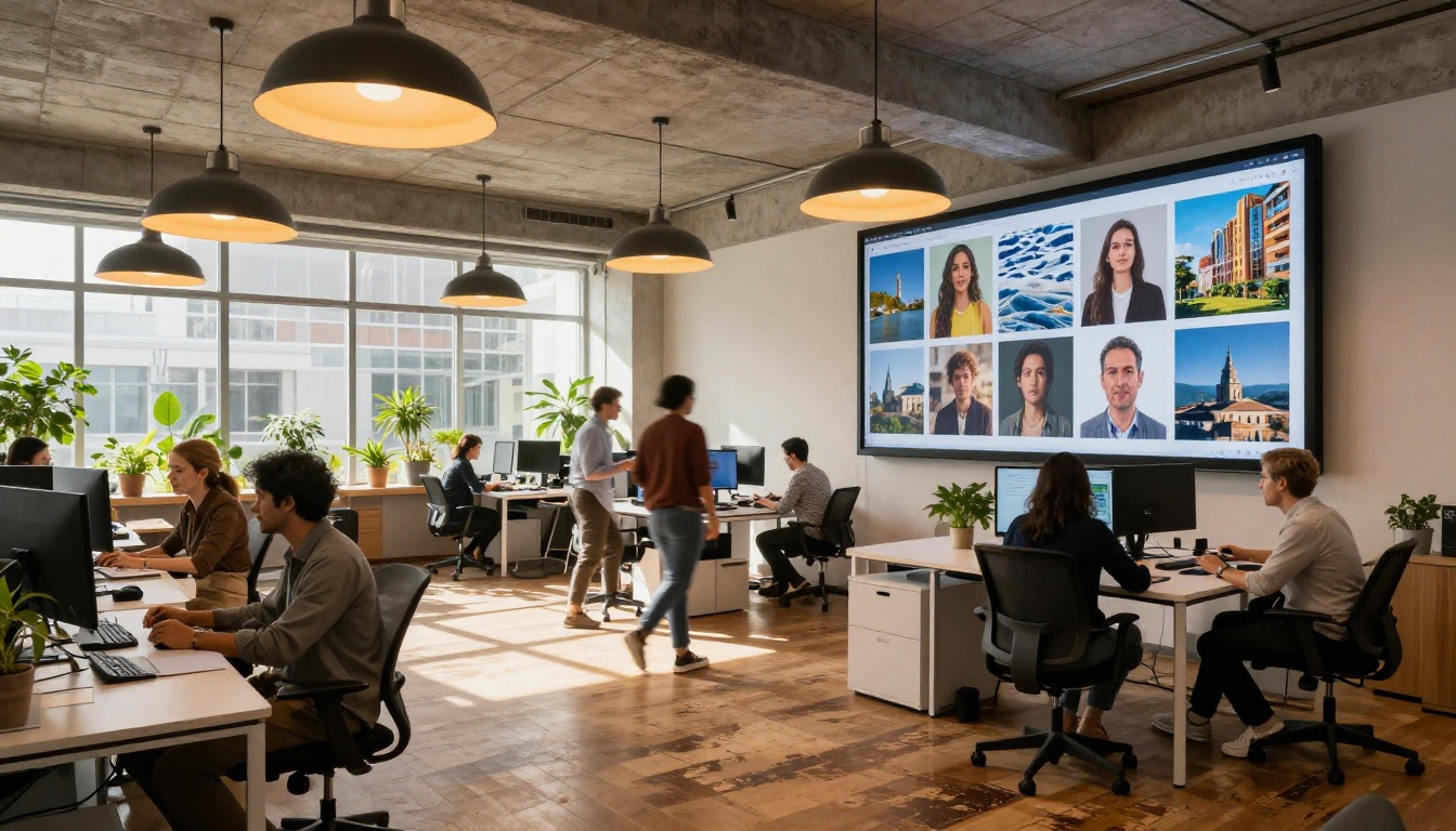 Creative agency office team reviewing AI-generated images on wall display