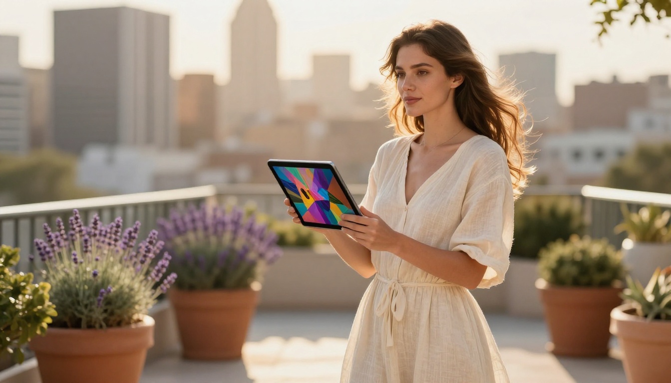 Woman on outdoor terrace holding tablet with AI-generated images