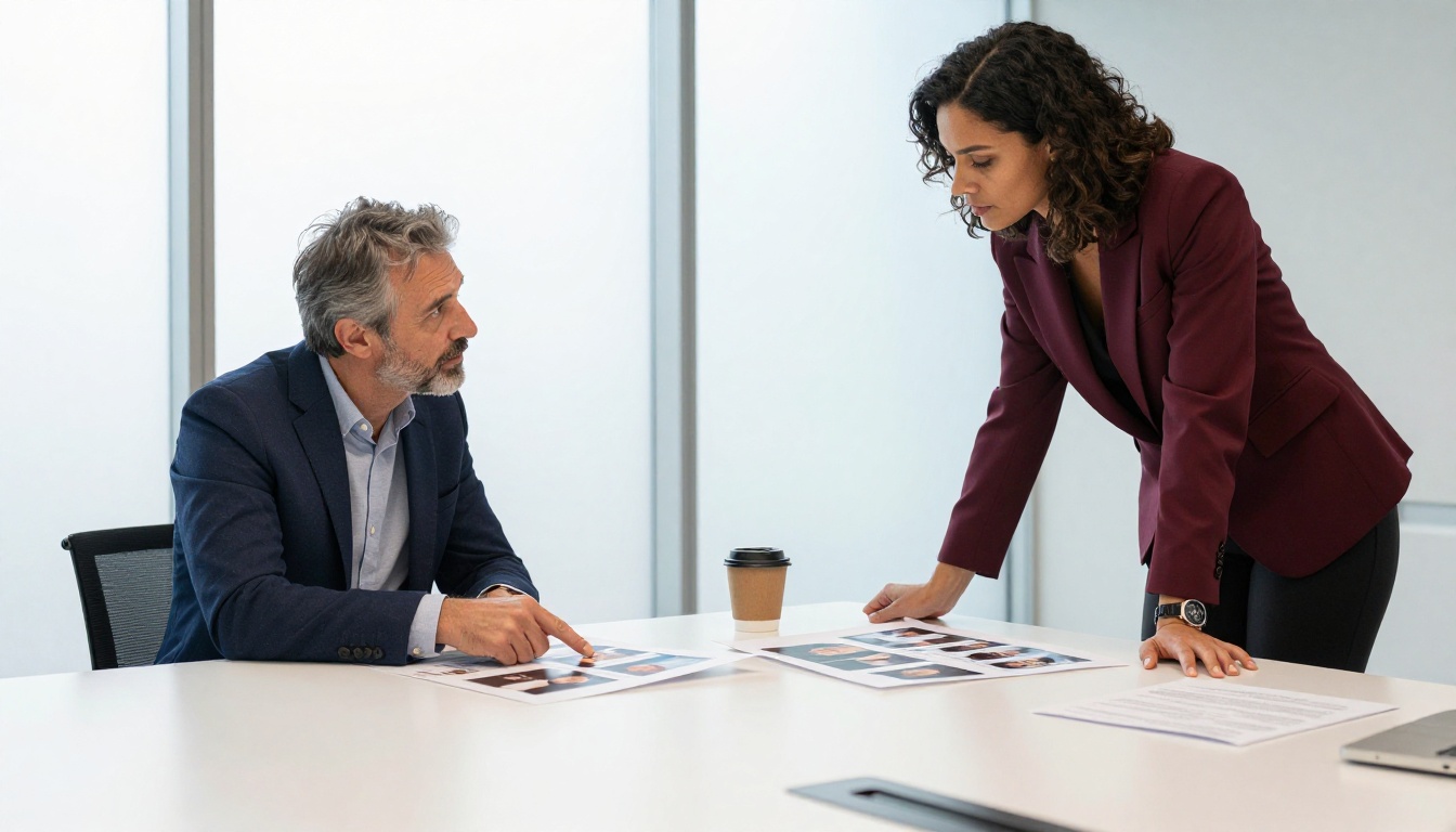Two professionals comparing printed AI image outputs in conference room