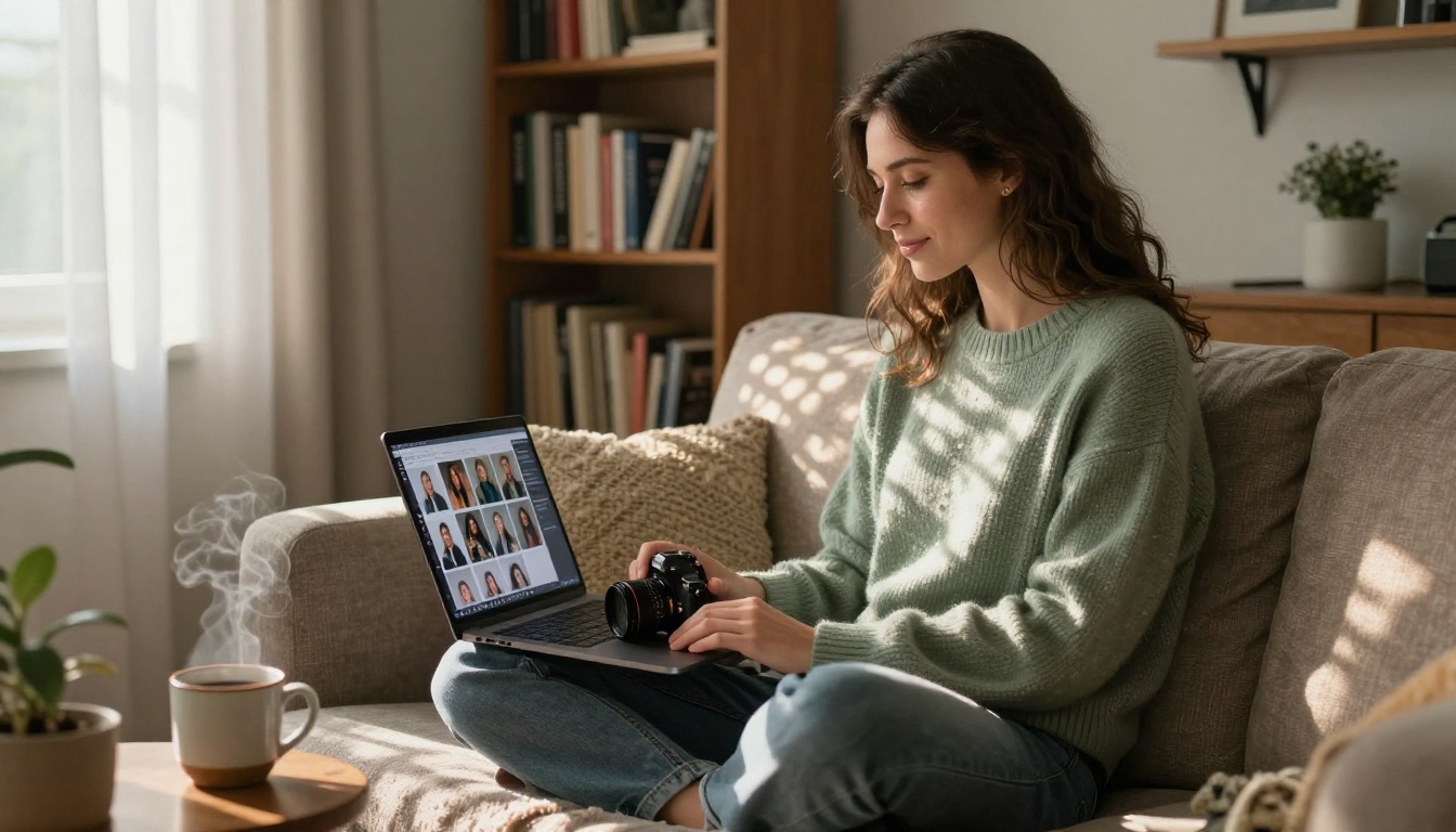 Freelance photographer using AI image platform on laptop at home