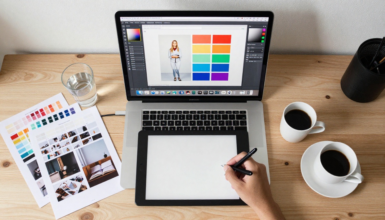 Graphic designer desk flatlay with MacBook, tablet, and color swatches