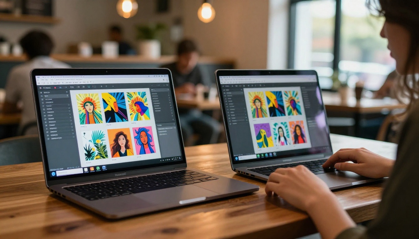 Two laptops on cafe table showing AI art generation interfaces side by side