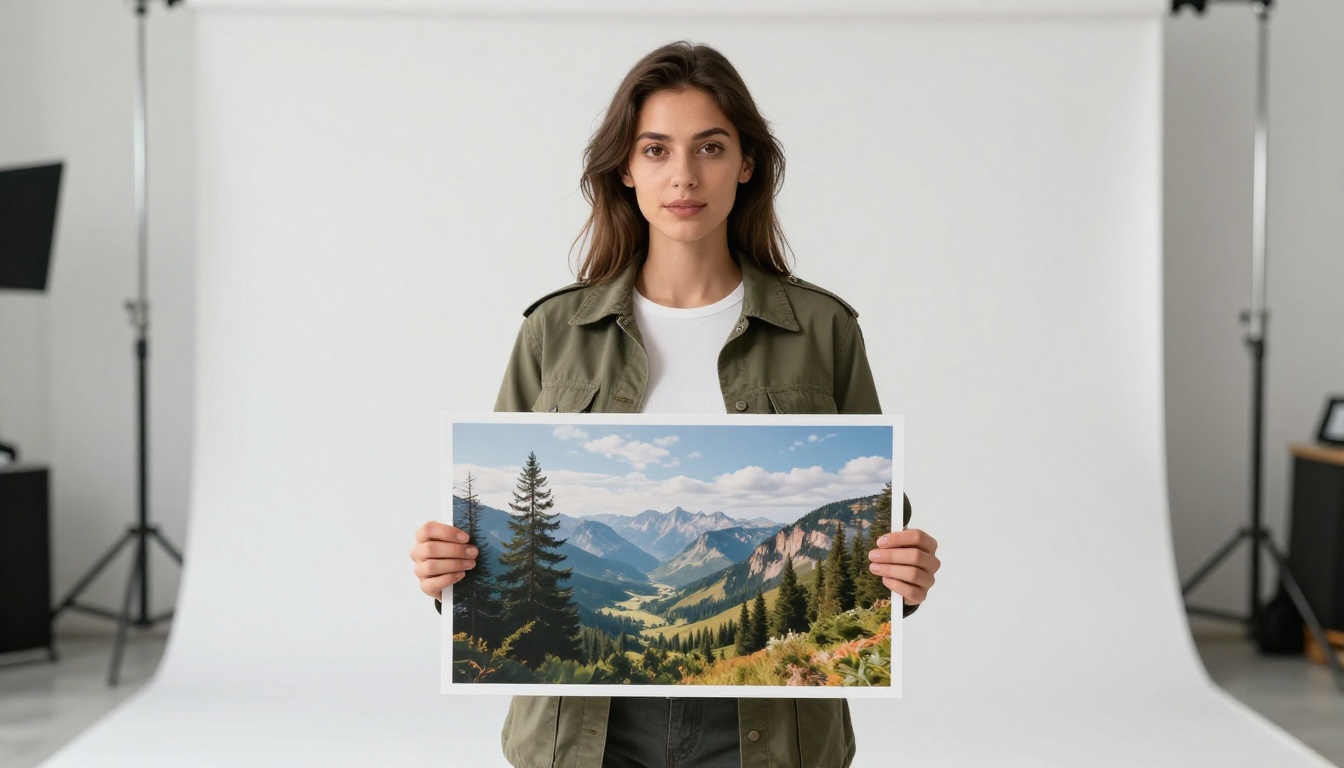 Young woman in studio holding AI-generated landscape print