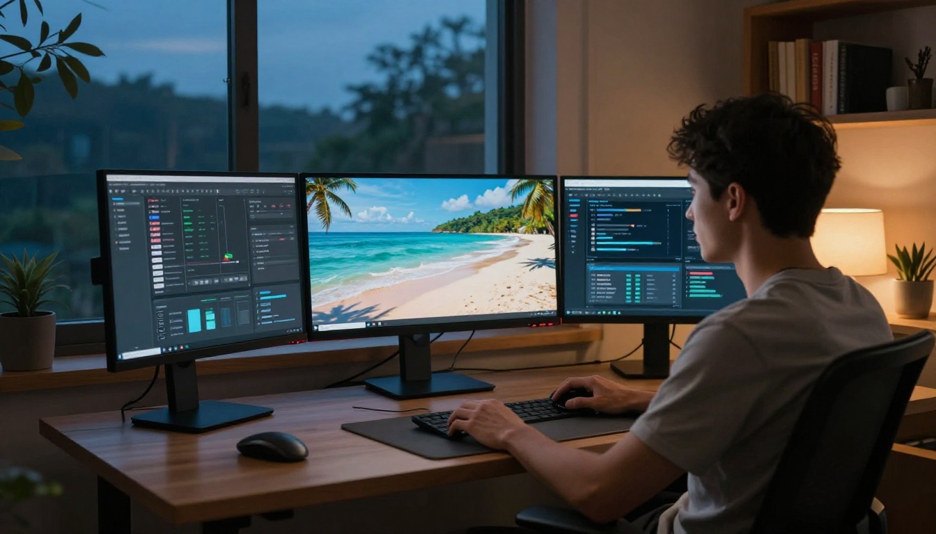 Man at standing desk with three monitors showing AI image generation at dusk