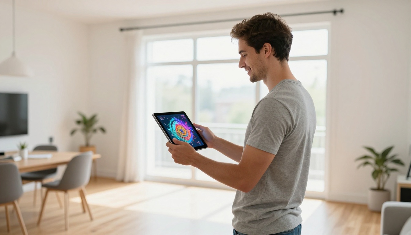 Man holding tablet showing vibrant AI-generated artwork in apartment