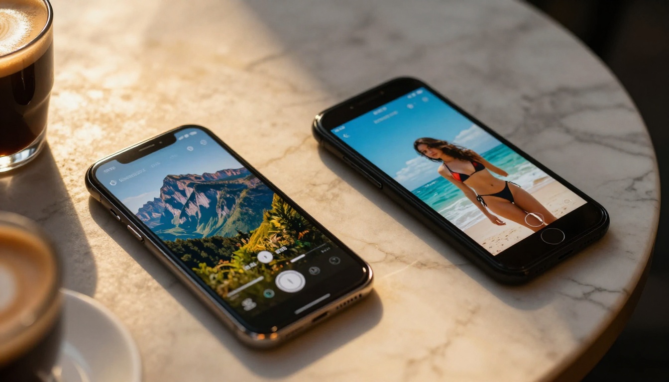 Two smartphones on marble cafe table showing AI image apps side by side