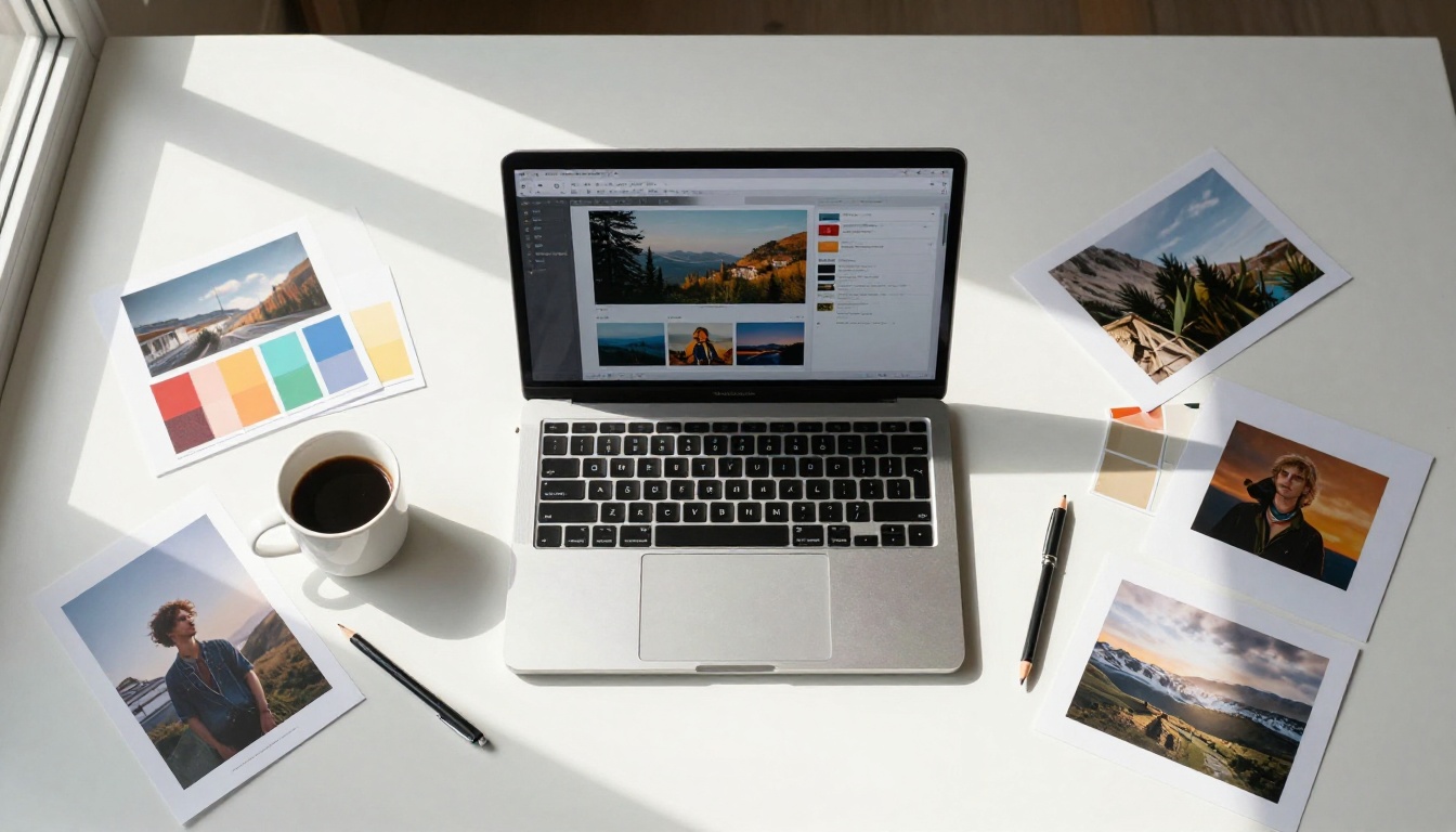 Overhead flat-lay of creative workspace with MacBook showing AI image generation results