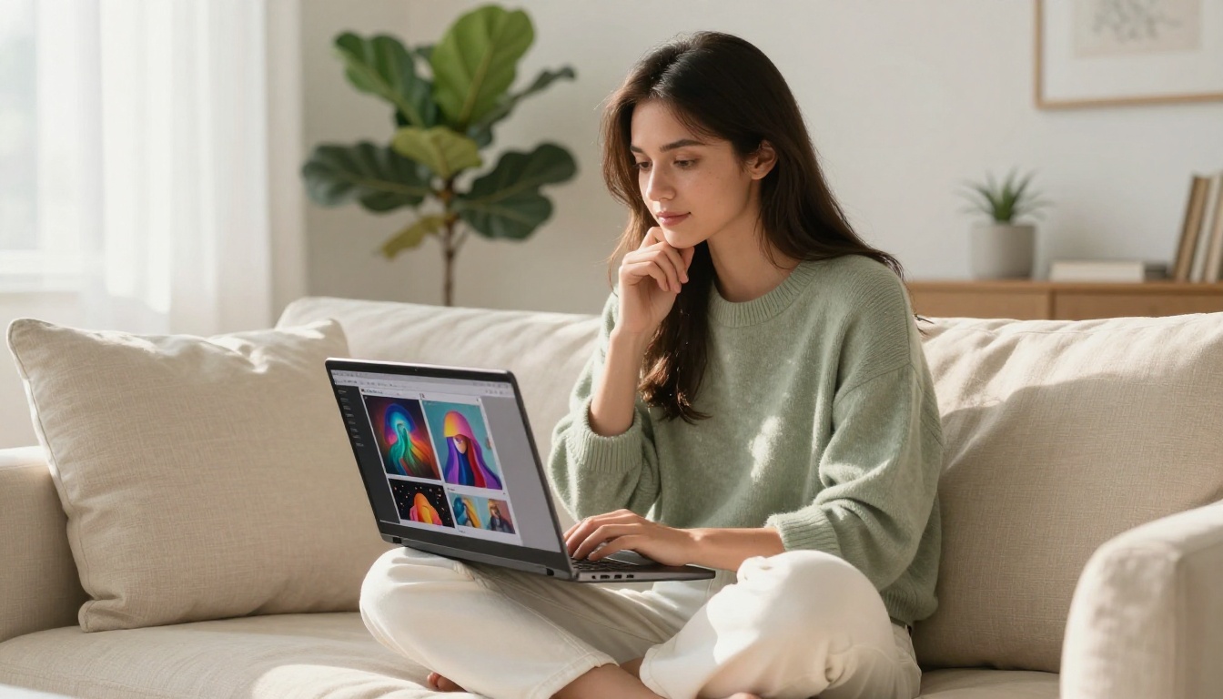 Woman sitting on sofa with laptop comparing AI platform results thoughtfully
