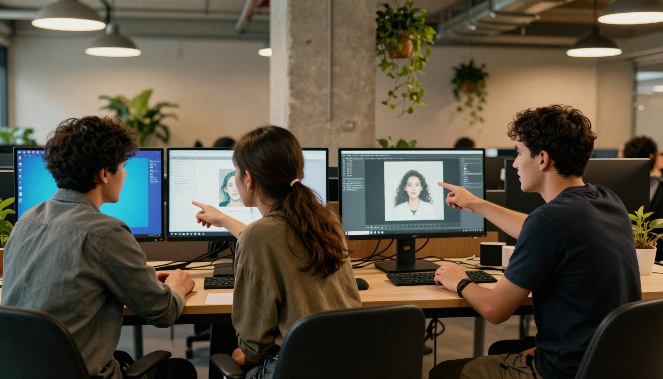 Two people at co-working space comparing AI-generated art results on dual monitors