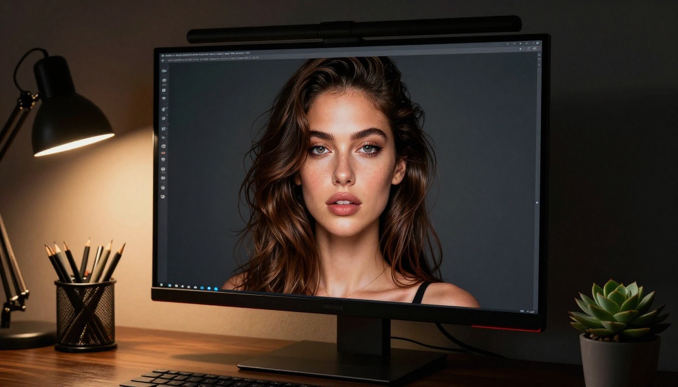 High-end monitor on dark desk showing stunning AI-generated portrait with warm studio lighting