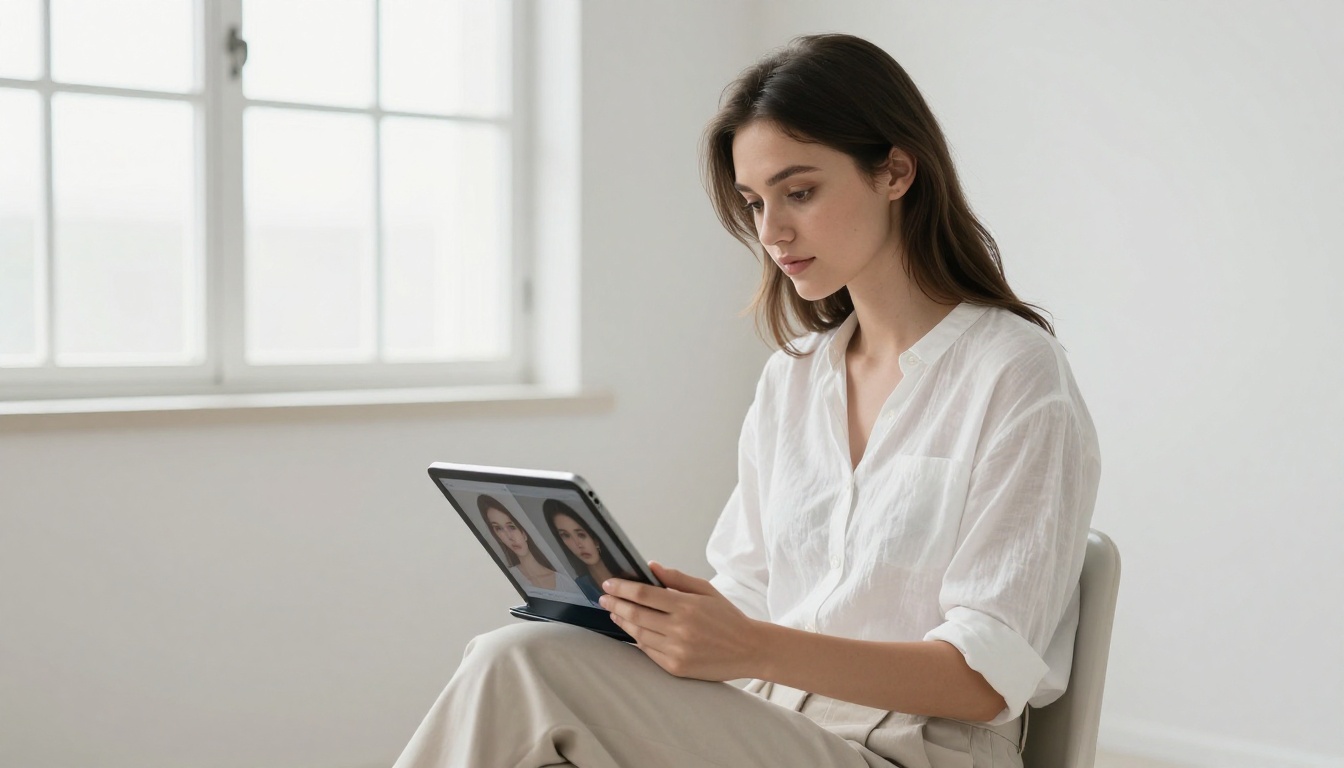 Beautiful young woman reviewing AI image comparison results on tablet in bright clean studio