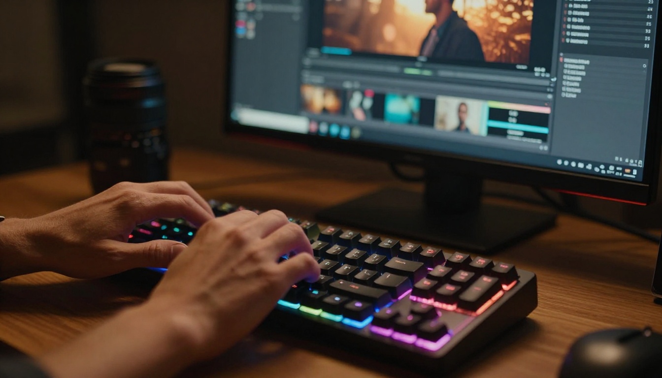AI video editing workstation with filmmaker hands on mechanical keyboard AI video editing workstation with filmmaker hands on mechanical keyboard