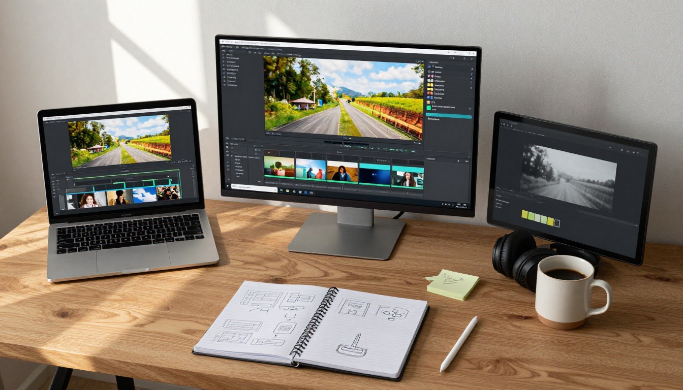 Content creator desk aerial view with video timelines and coffee on wood surface Content creator desk aerial view with video timelines and coffee on wood surface