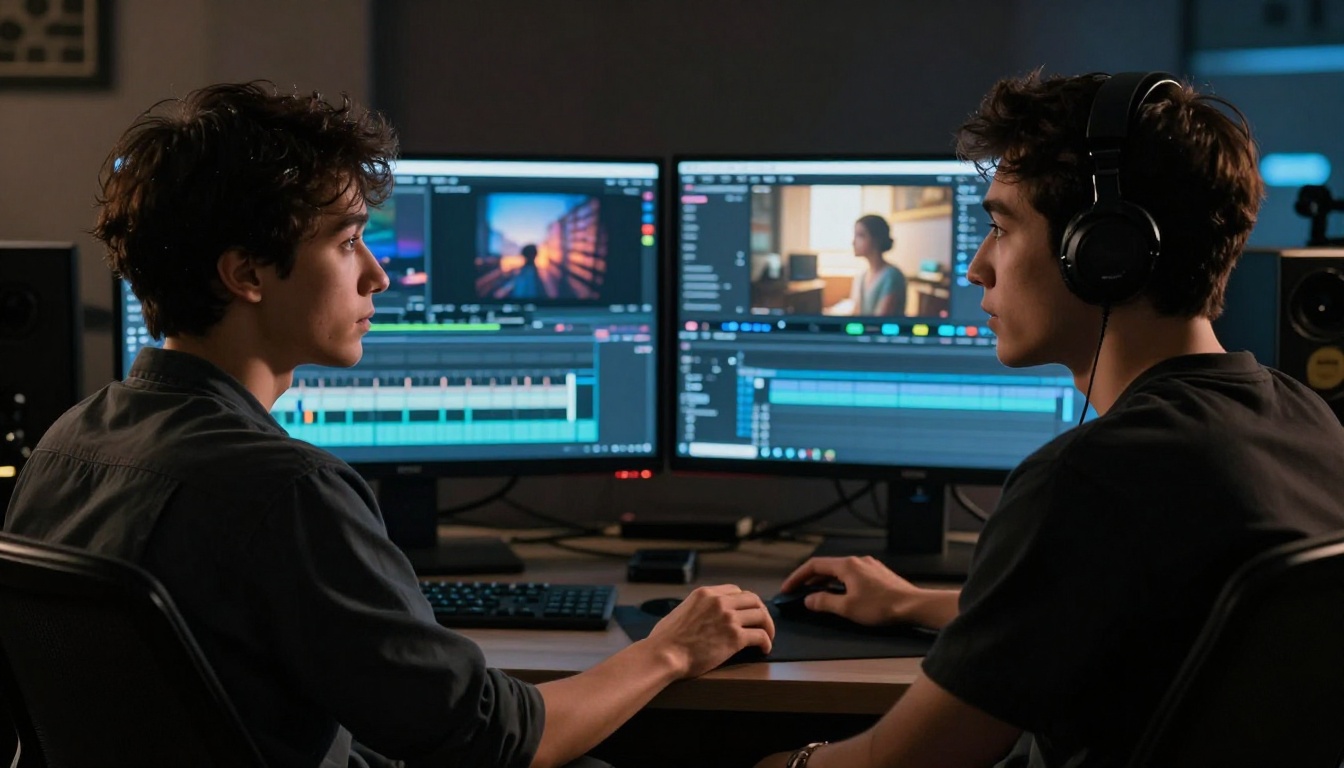 Video editor comparing AI-generated clips on two monitors in dark editing suite Video editor comparing AI-generated clips on two monitors in dark editing suite