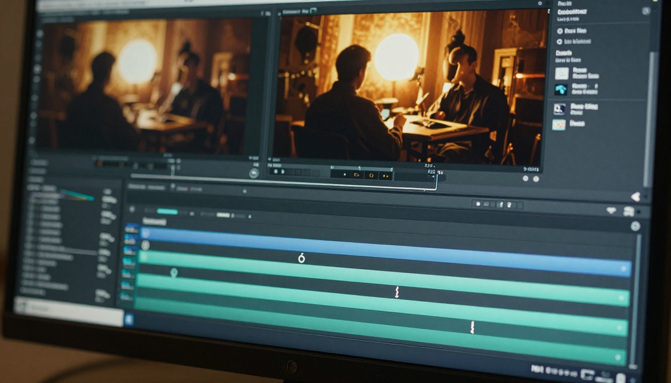 Close-up of professional monitor displaying cinematic video frames with color grading controls Close-up of professional monitor displaying cinematic video frames with color grading controls