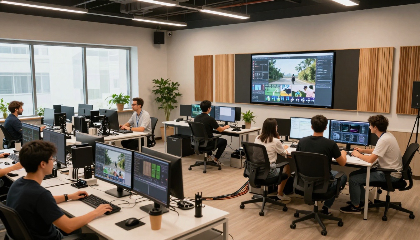 Modern open-plan video production studio with multiple editing stations and diverse creative team Modern open-plan video production studio with multiple editing stations and diverse creative team