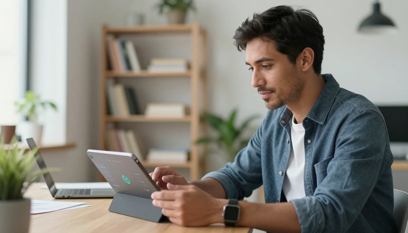 Confident creative director reviewing AI video analytics on a tablet in bright co-working space