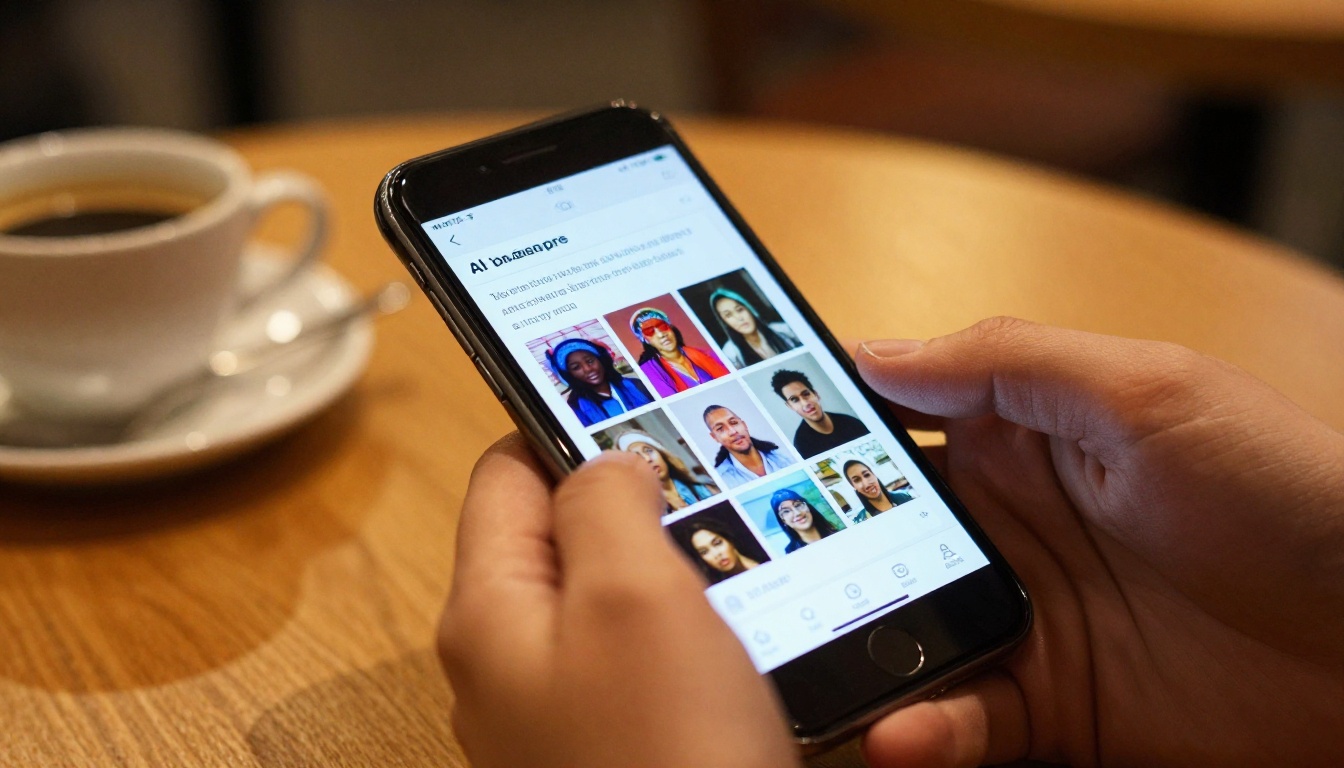 Creative hands holding smartphone showing AI video generation interface in warm coffee shop