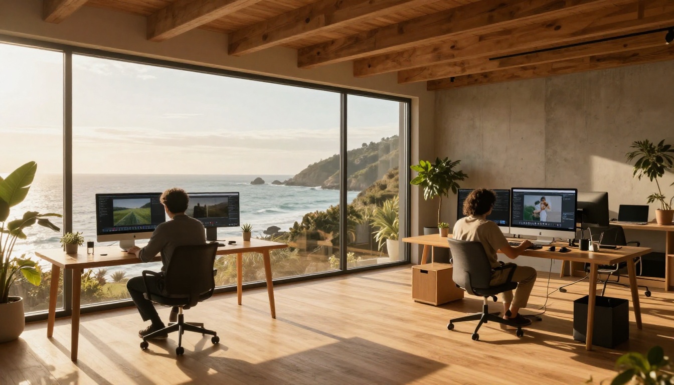 Stunning coastal creative studio with panoramic ocean windows and professionals at standing desks