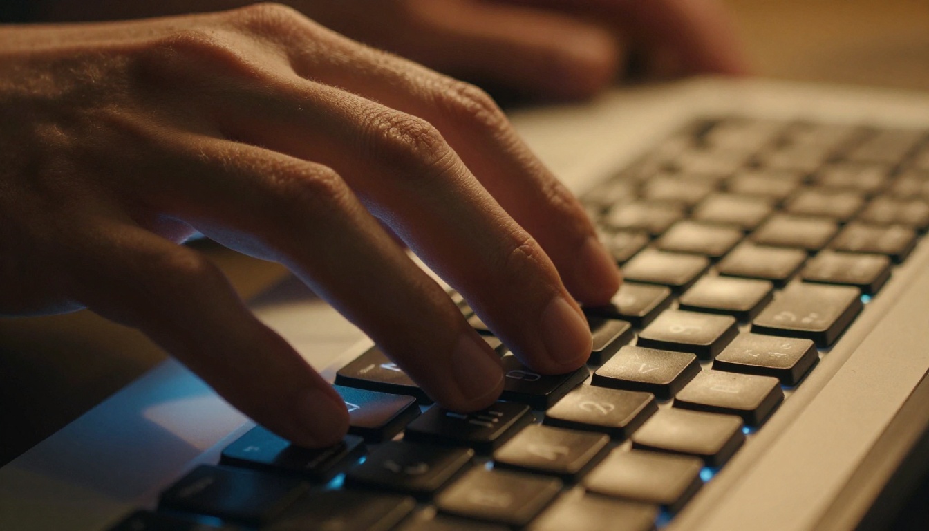 A filmmaker's hands typing a video prompt on a backlit mechanical keyboard