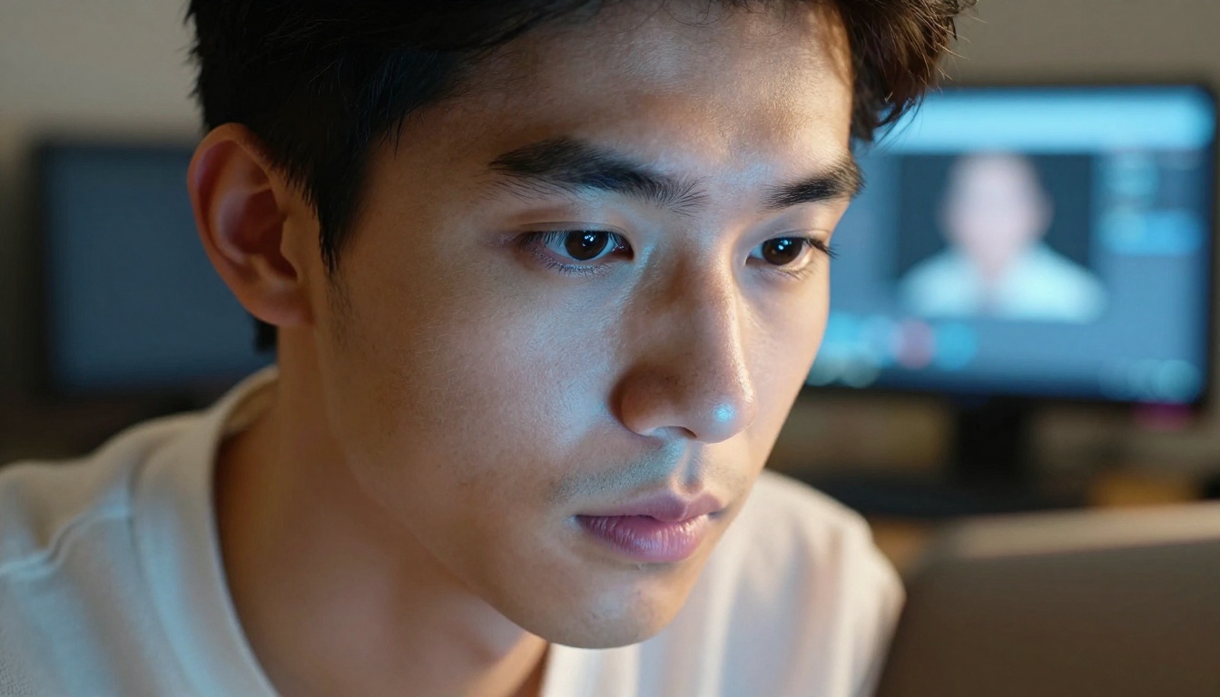 Focused creator reviewing AI footage on a bright laptop screen Focused creator reviewing AI footage on a bright laptop screen
