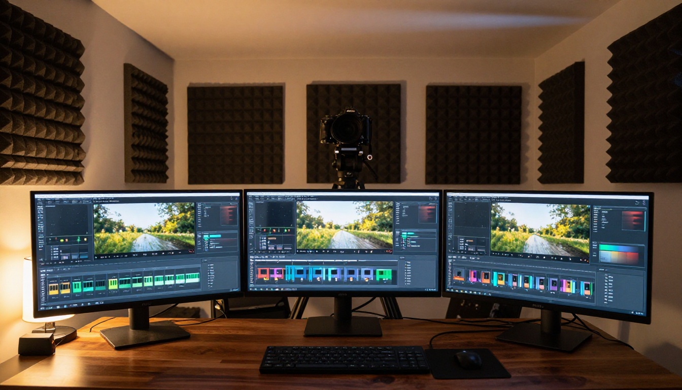 Professional video workspace with three monitors and production setup Professional video workspace with three monitors and production setup