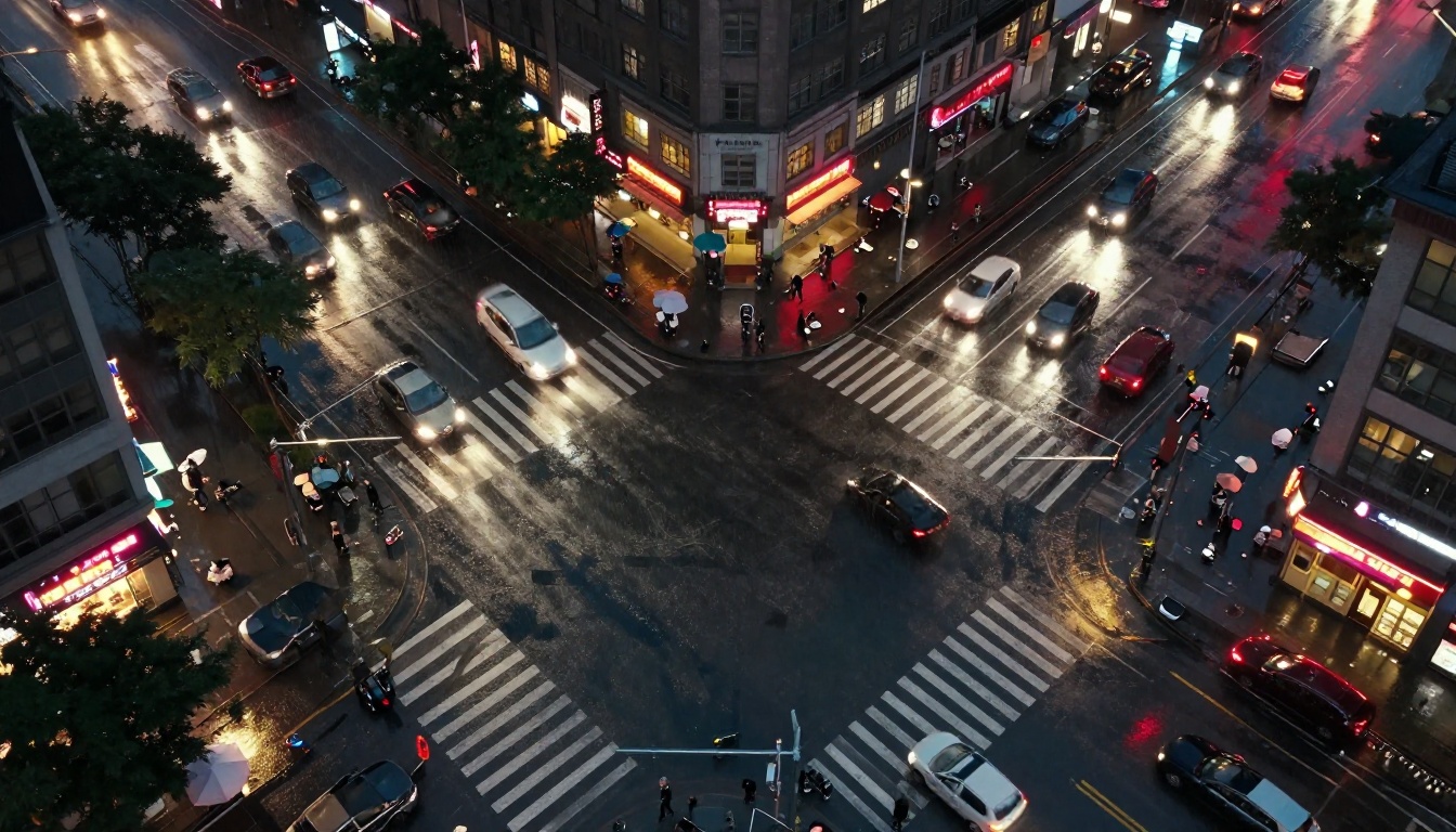 Aerial shot of a rain-soaked city intersection at night with streaking car lights