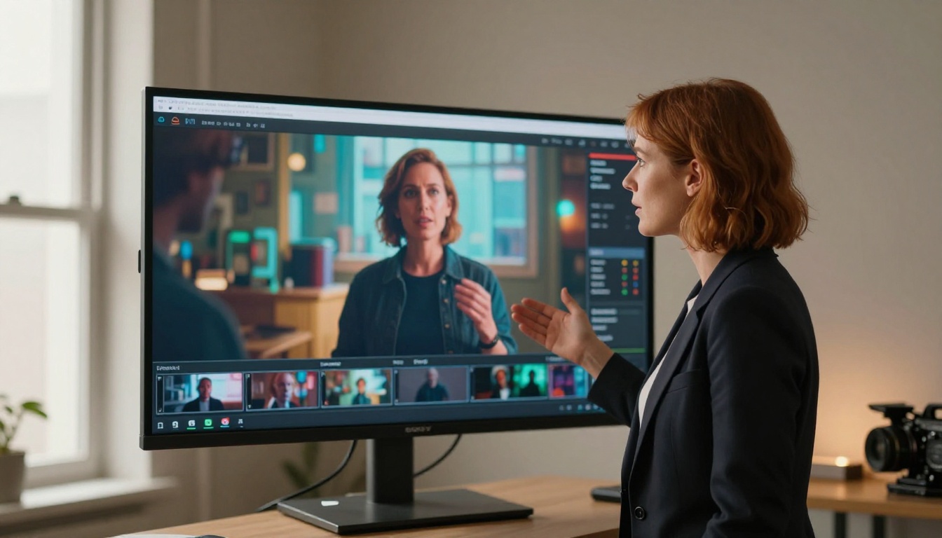 Female filmmaker standing beside a cinema-grade monitor Female filmmaker standing beside a cinema-grade monitor