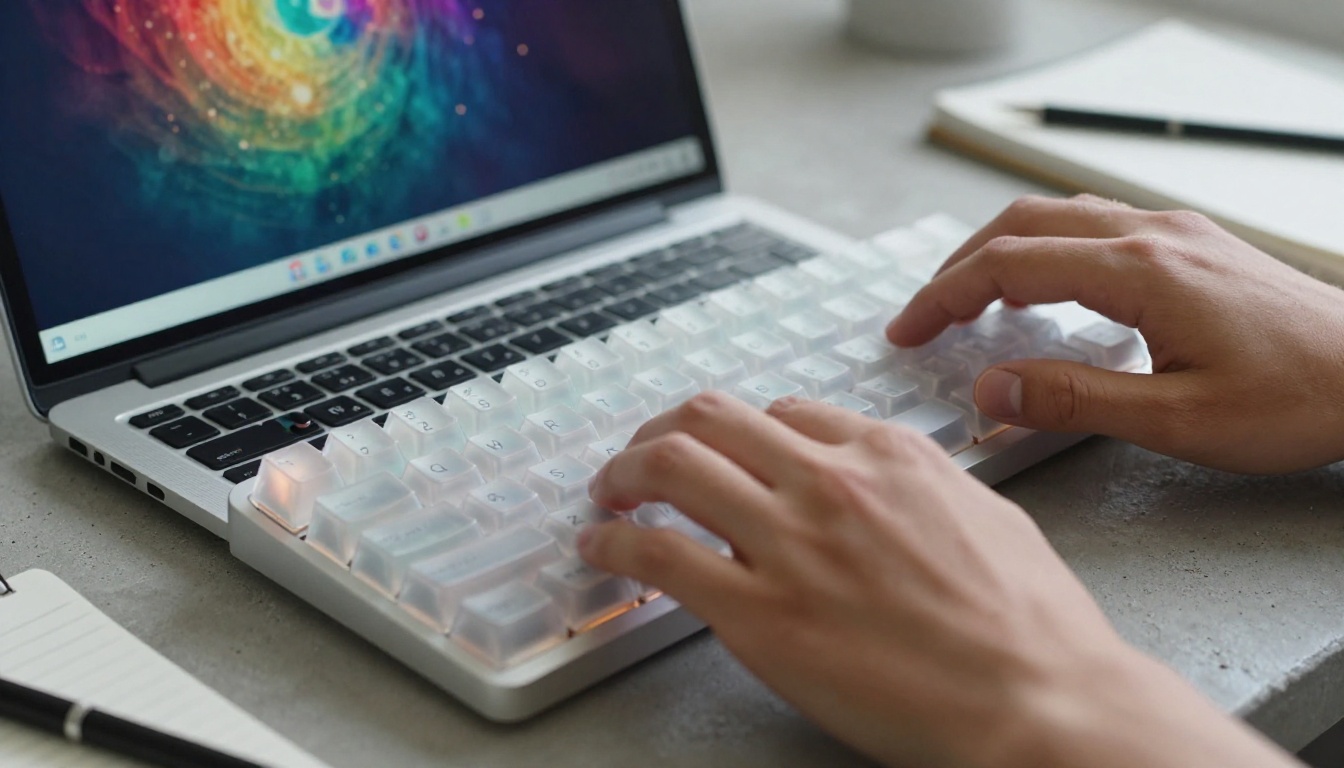 Creator typing at a mechanical keyboard with AI video interface visible