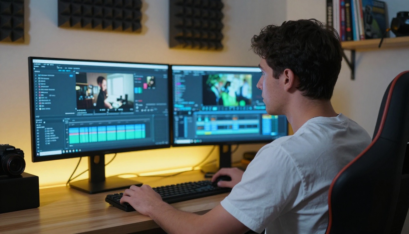 A young content creator working at a home studio with dual monitors showing video timelines