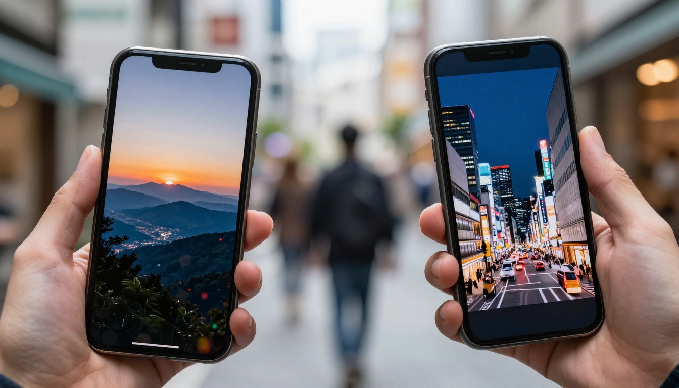 Two smartphones held side by side displaying different AI-generated video scenes