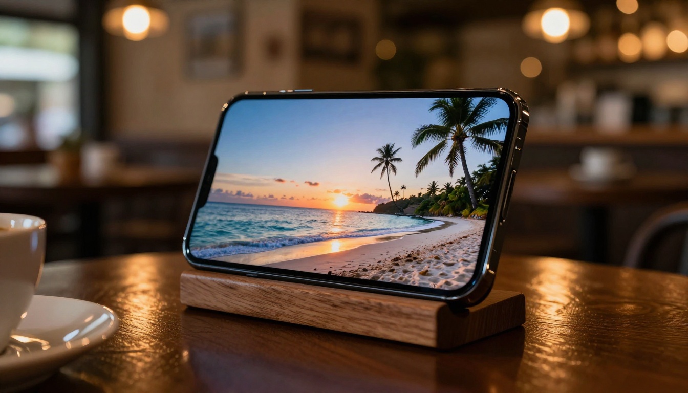 Smartphone displaying AI-generated beach video in a cafe setting