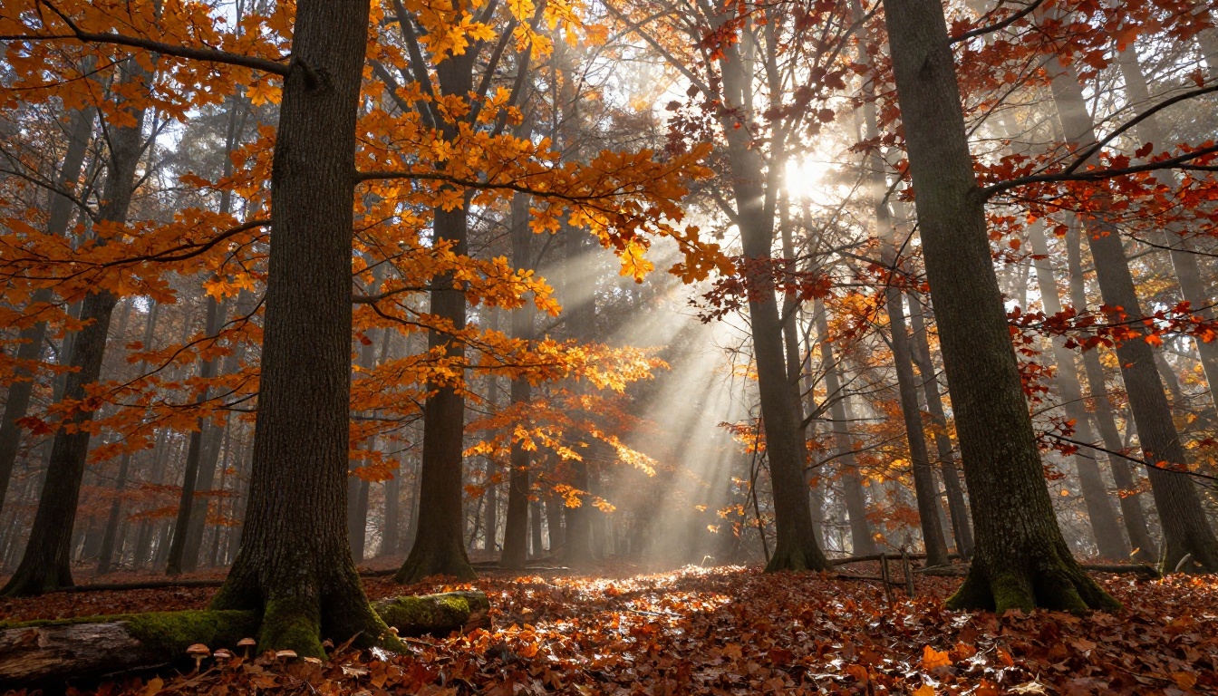 A dense autumn forest with volumetric morning light filtering through golden foliage