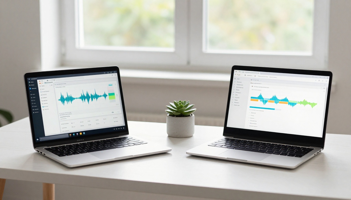 Two laptops side by side on a white oak desk showing AI video interfaces