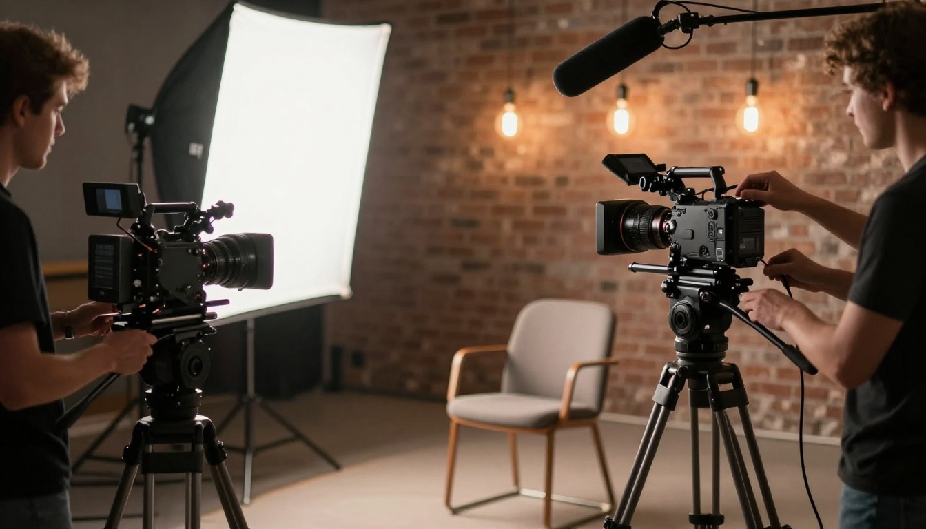 A professional video production set with cinema camera on a tripod and softbox lighting