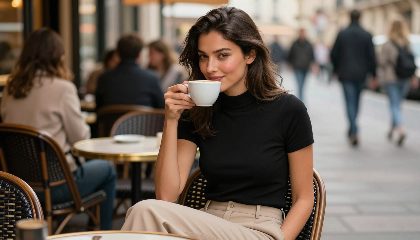 A woman at a Parisian sidewalk cafe holding a coffee cup with warm morning light