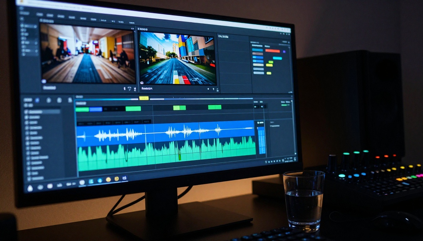 A video editing timeline on a 4K monitor in a dark studio with color grading hardware visible