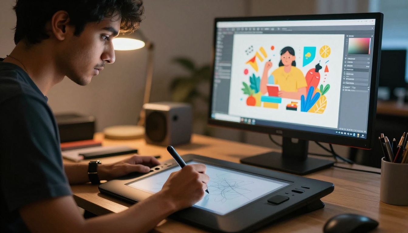 Designer with stylus working on vector illustration in studio
