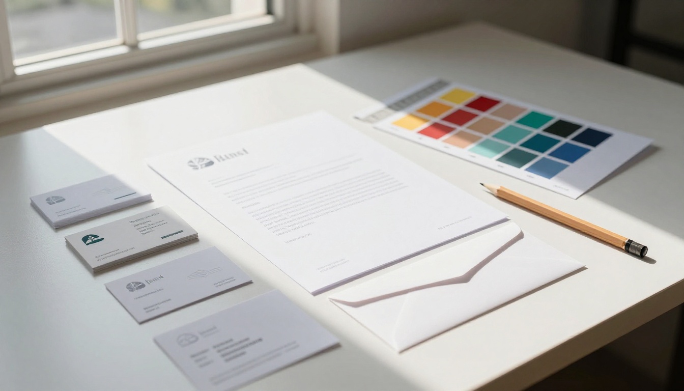 Brand identity mockup materials spread on studio desk