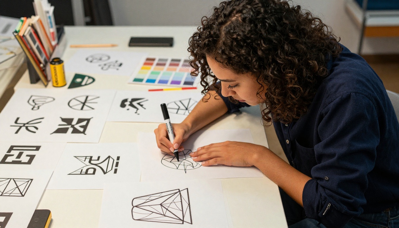 Female designer working on logo concepts at creative studio desk