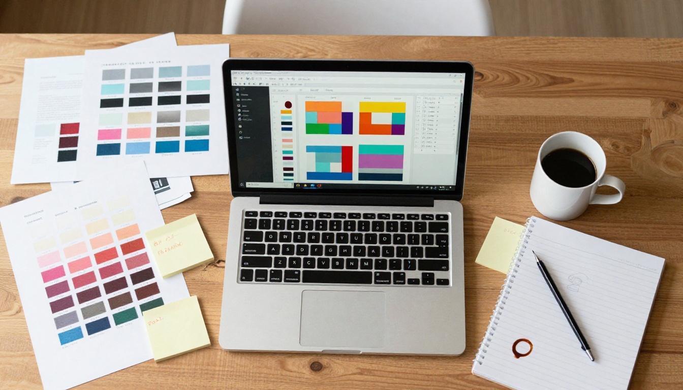 Aerial desk view with laptop, Pantone swatches, and design materials