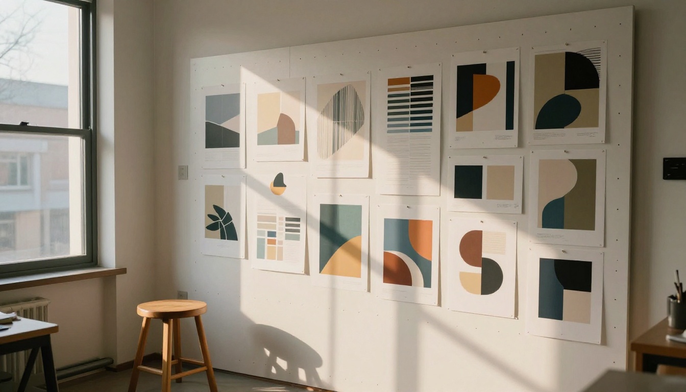 Design assets and mood boards pinned to studio pegboard wall
