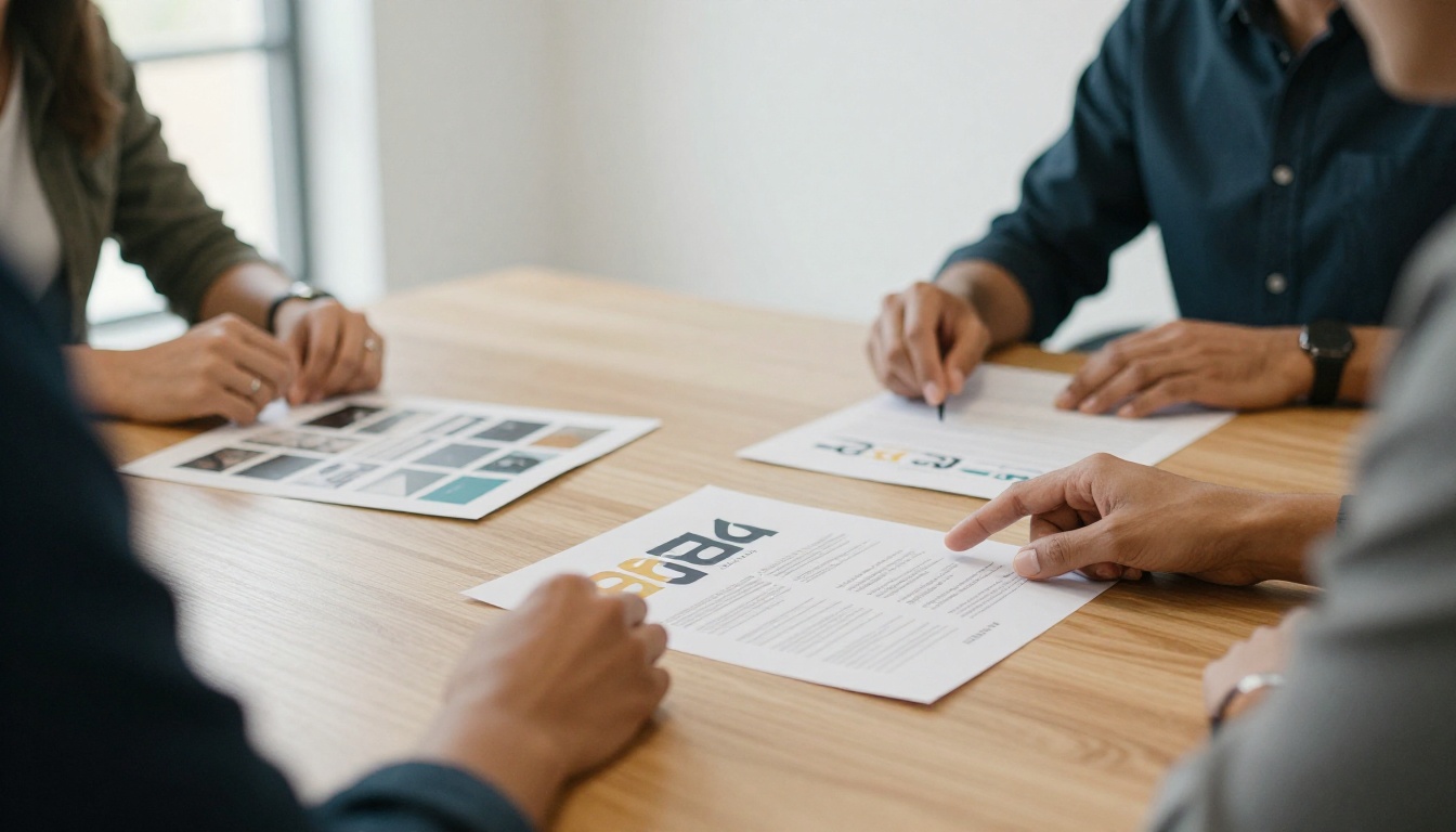Designer presenting brand materials to client in conference room
