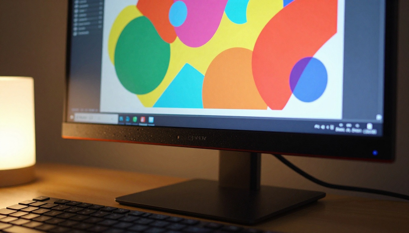Designer studio monitor showing vibrant graphic design work