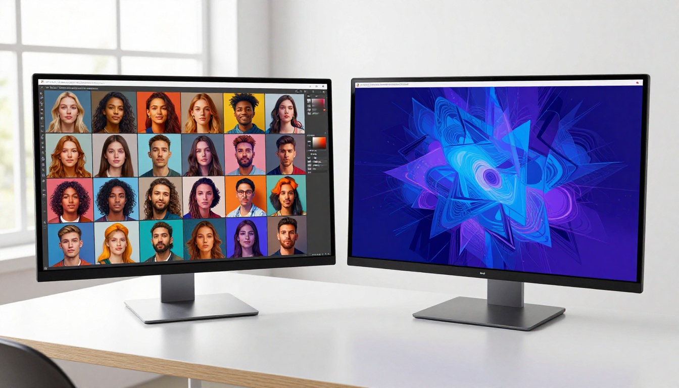 AI image tools comparison on dual monitors