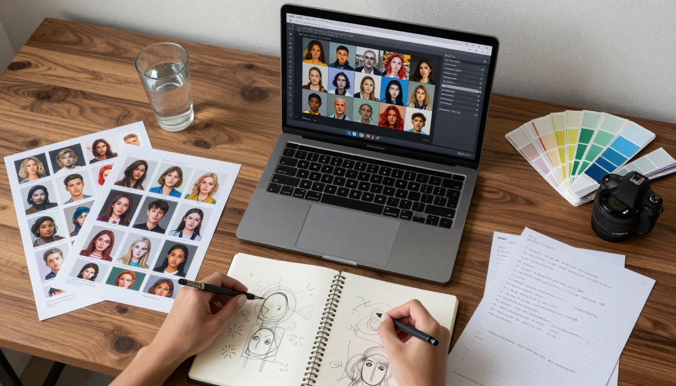Creative professional reviewing workspace setup overhead