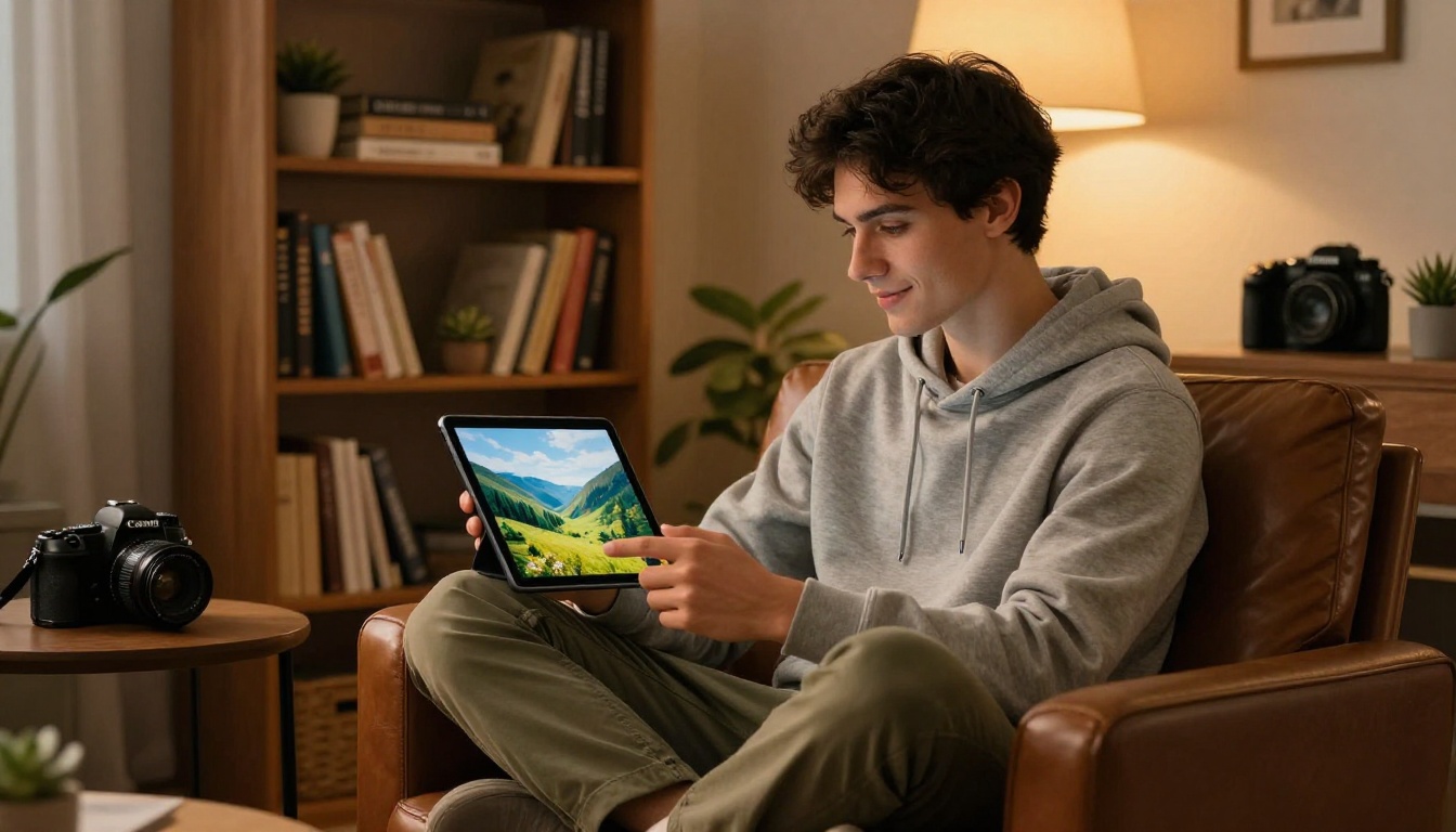 Photographer reviewing AI images on a tablet in a warm home studio