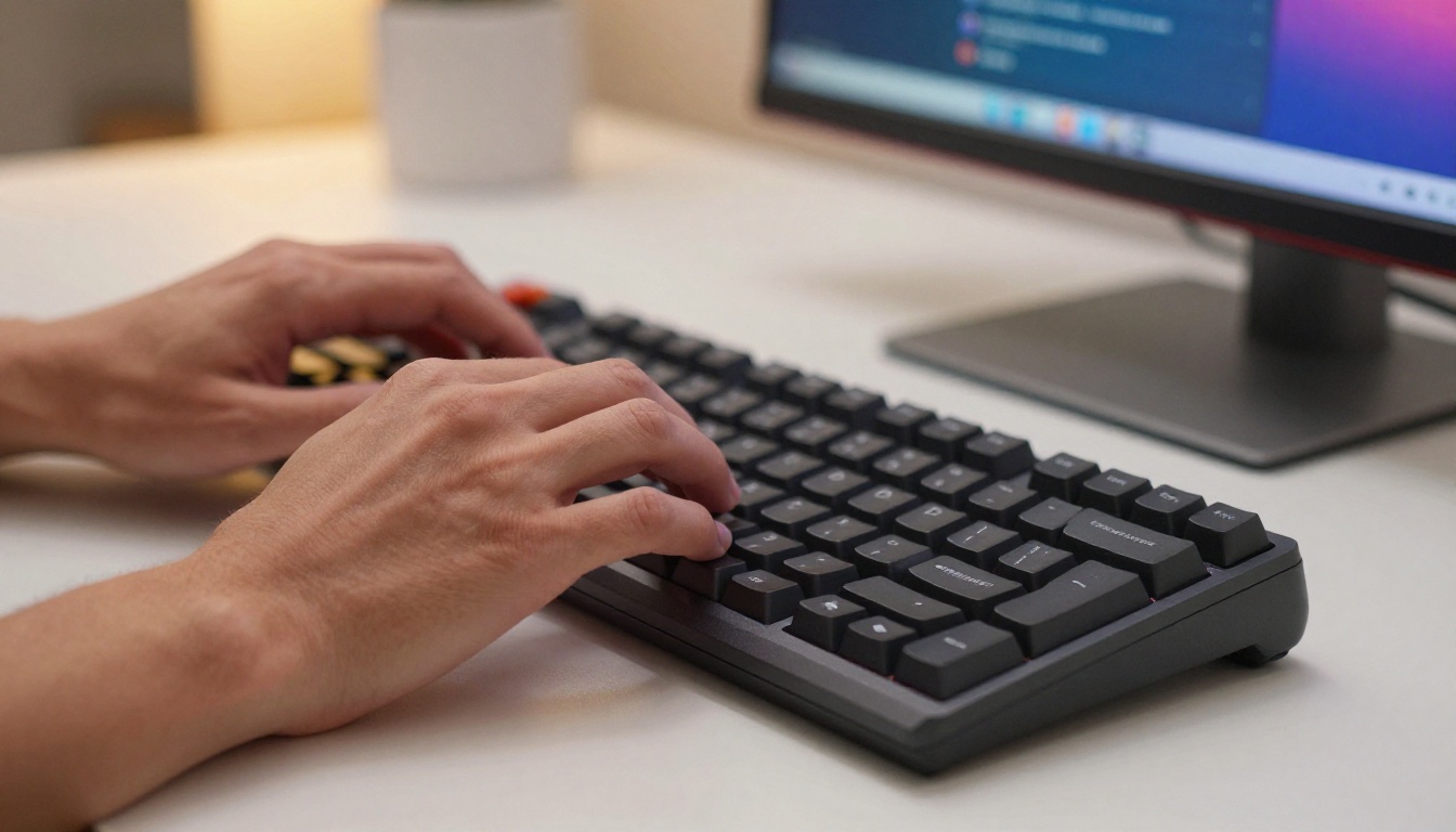 Person typing AI image prompts on a mechanical keyboard