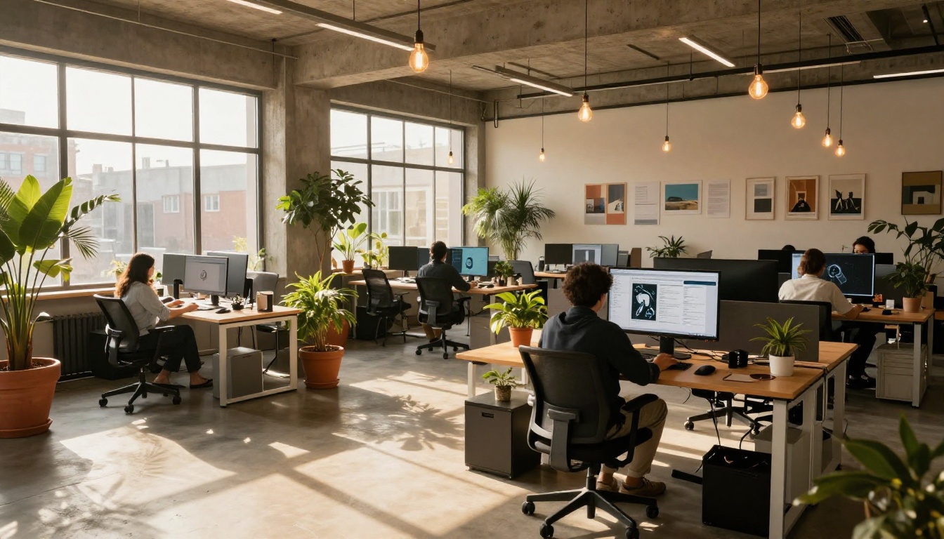 Creative agency team using AI image tools in open office