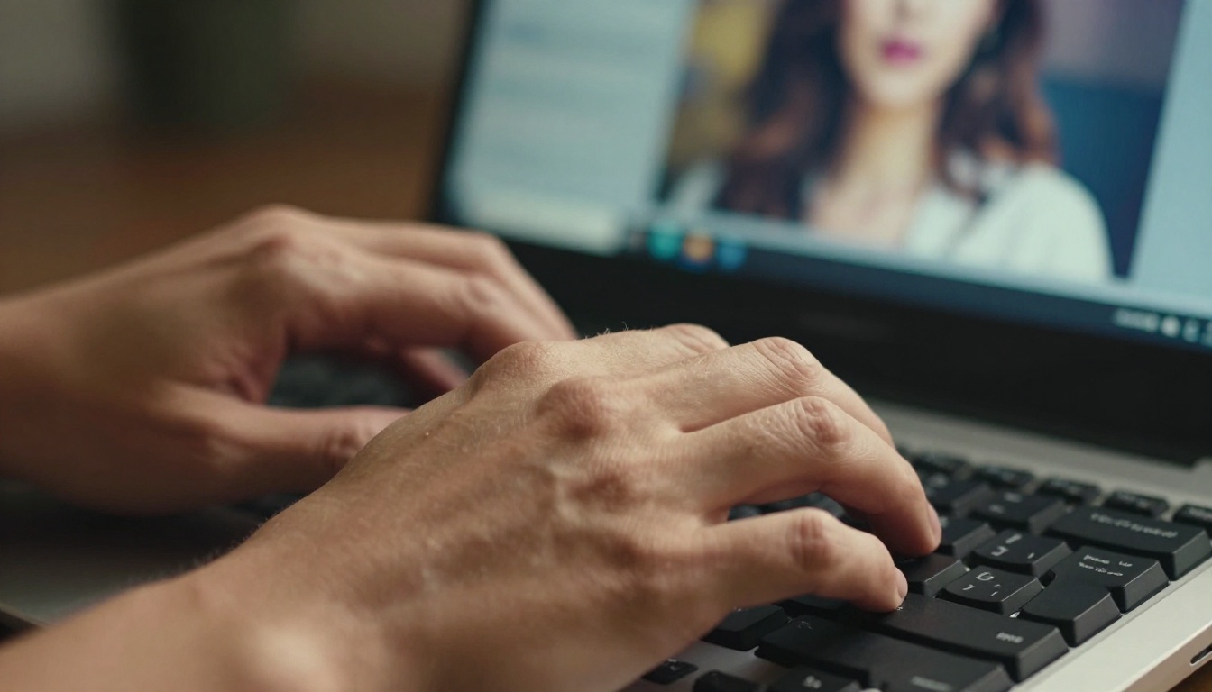 Close-up of hands on keyboard with AI portrait on laptop screen in background
